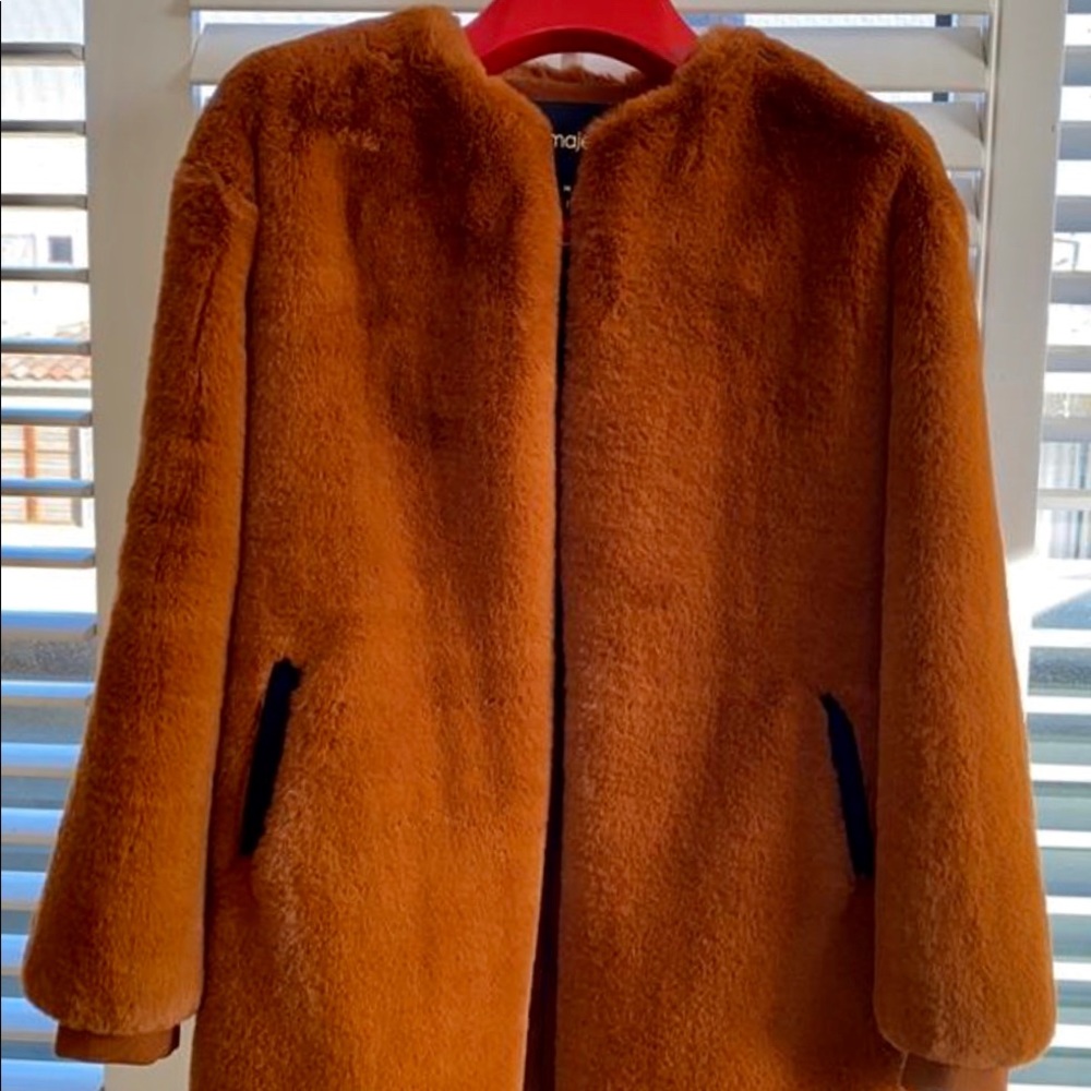 Maje Mid Length Caramel Faux Fur Coat!